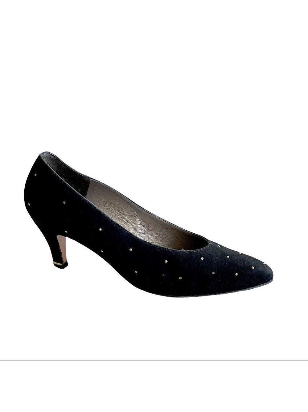 THOMAS WALLACE Vintage Black Suede Pointy Toe Pumps Heels With Stud Detail 9